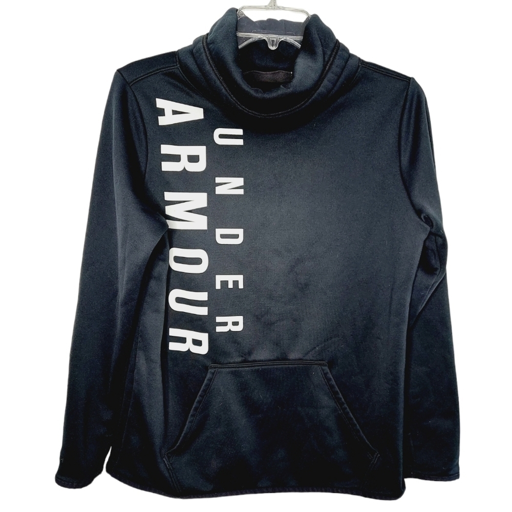 Under Armour Cowl Neck Sweatshirt Black White Sz M Loose Logo Pocket Thumb Hole